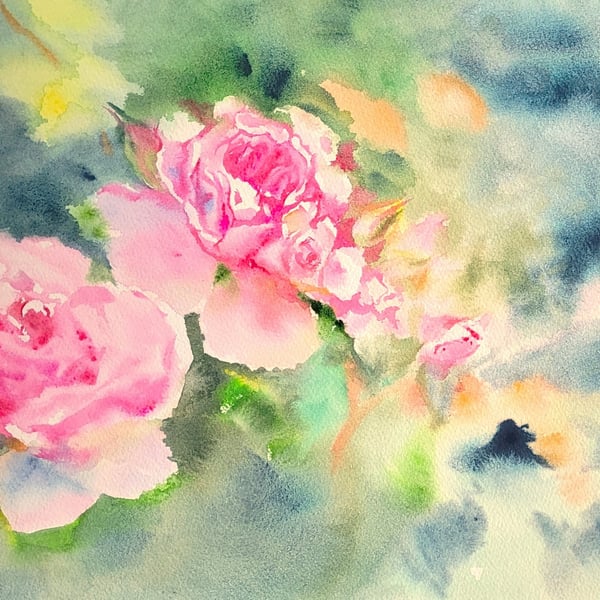 Original Pink Tea Roses Watercolor Painting - Floral Flower Wall Art Signed