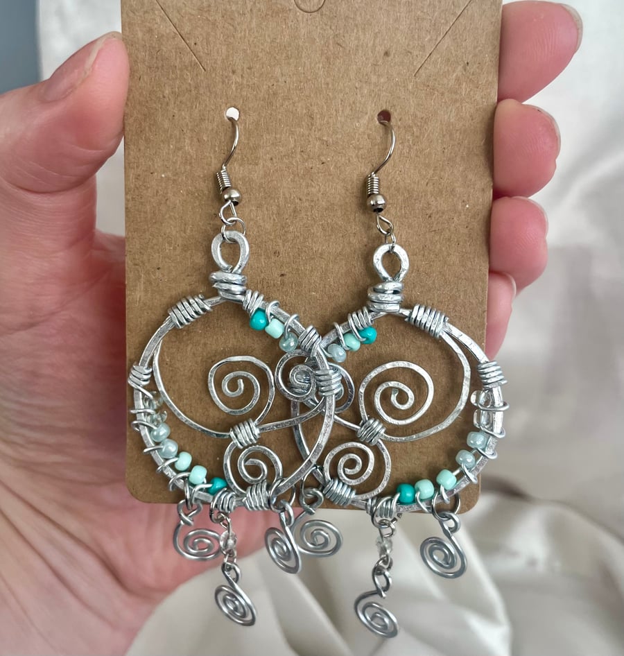 Whimsical Witchy Swirl Earrings with Blue Beads