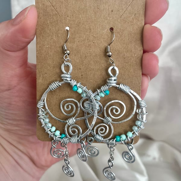 Whimsical Witchy Swirl Earrings with Blue Beads