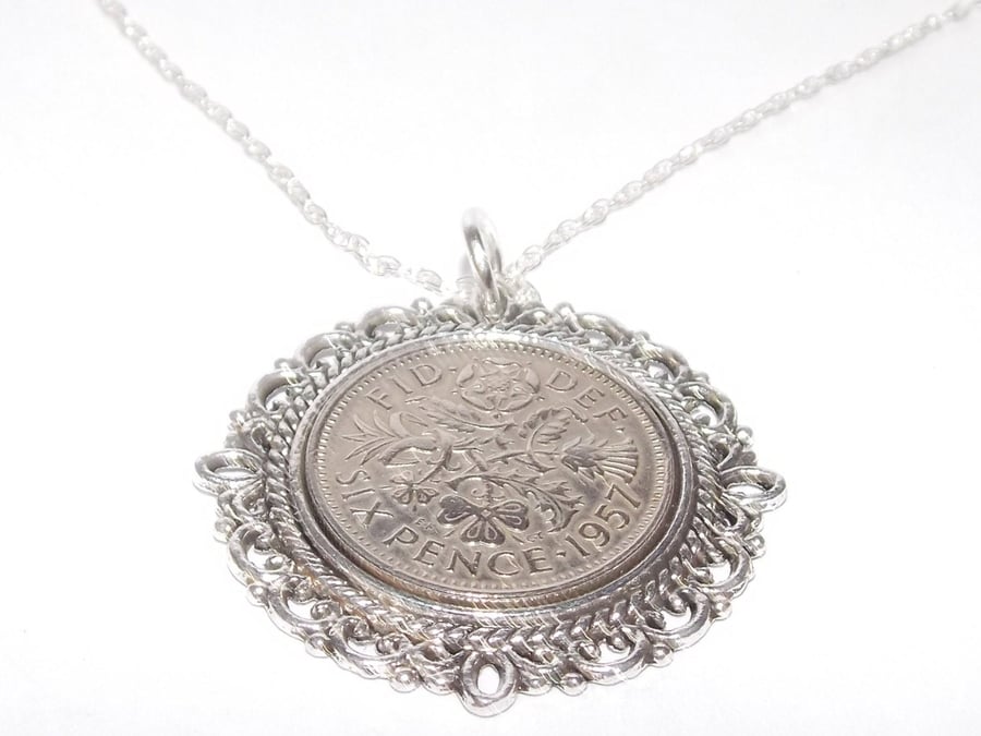 Lucky sixpence Fancy Pendant 64th Birthday plus a Sterling Silver 18in 1957