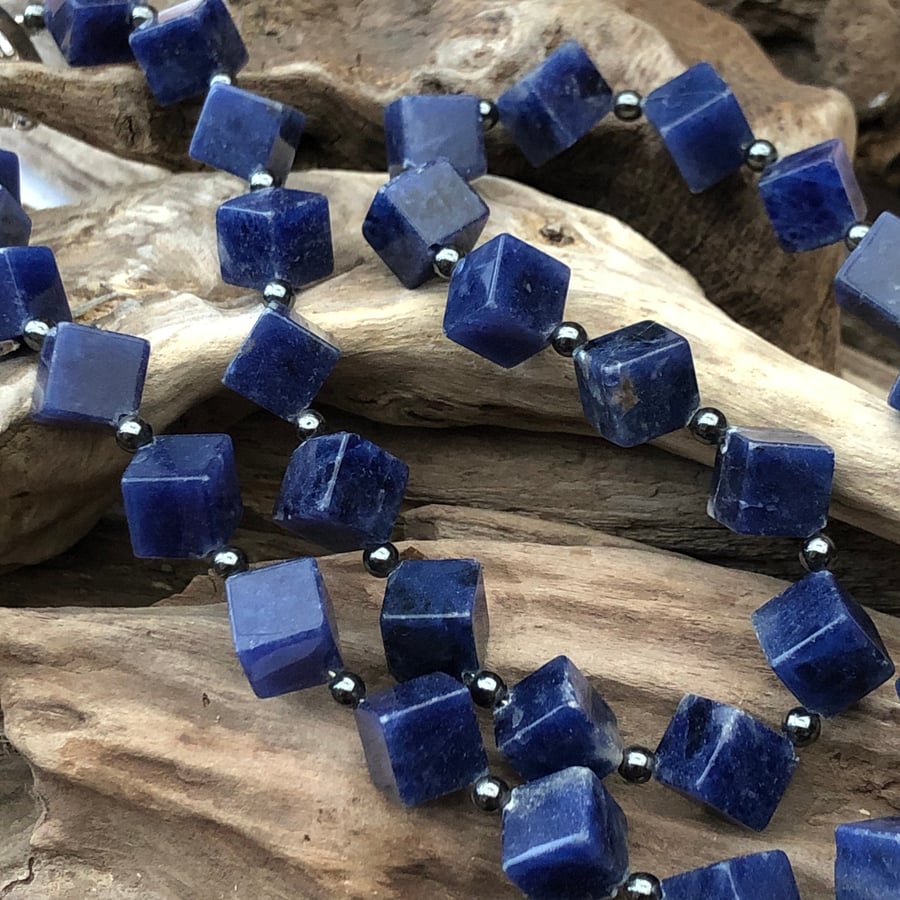 8mm square sodalite bead necklace with silver fastener -00000135