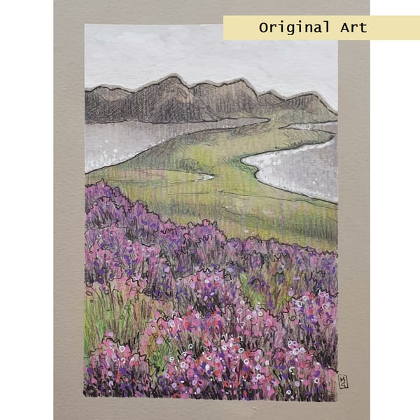 Isle of Harris View with Purple Heather, Scottish landscape, original art
