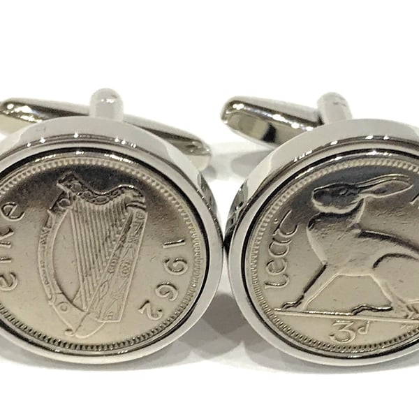 1962 Irish Threepence coin cufflinks - Great gift idea 1962 3d Irish threepence