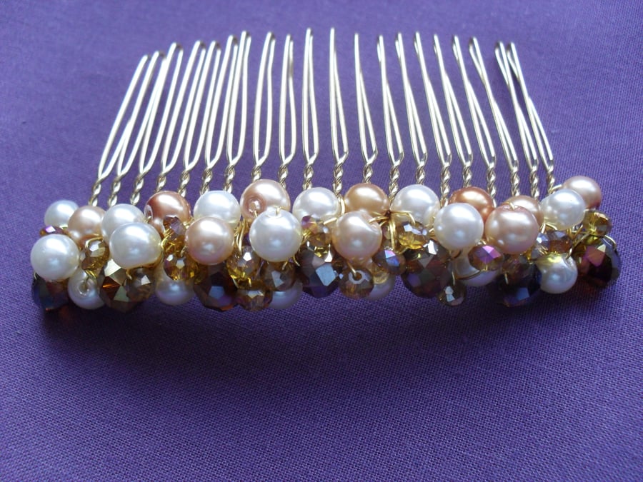 SALE Gold  and Cream Glass Pearl and Crystal Hair Comb 