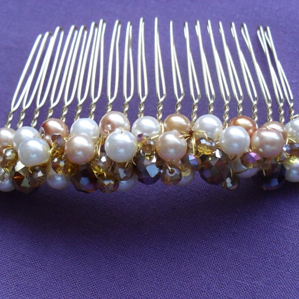 SALE Gold  and Cream Glass Pearl and Crystal Hair Comb 