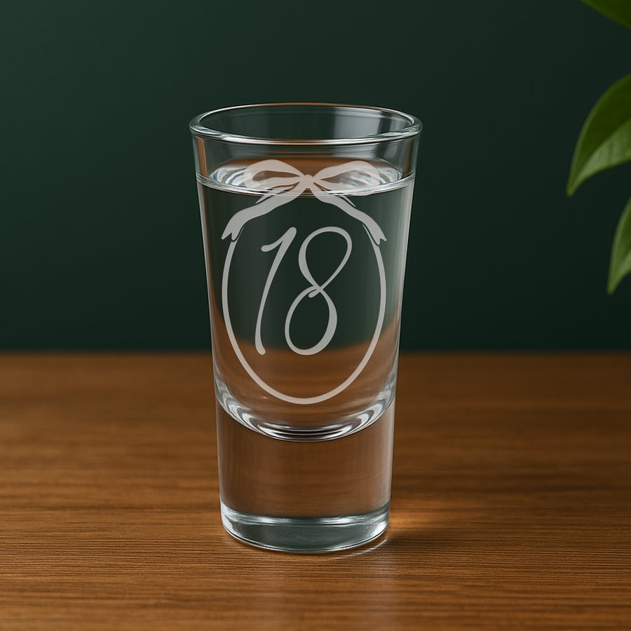 Personalised Birthday Shot Glass - Custom Age - Ribbon Bow Frame - Birthday Gift