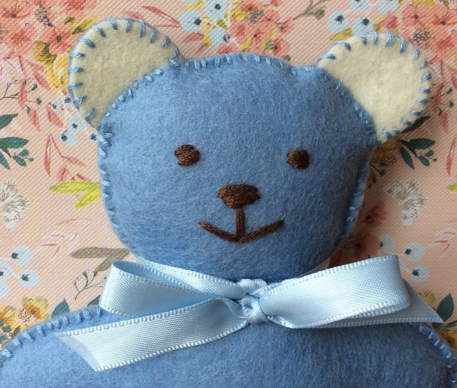 Blue Felt Teddy Bear in Sleeping Bag