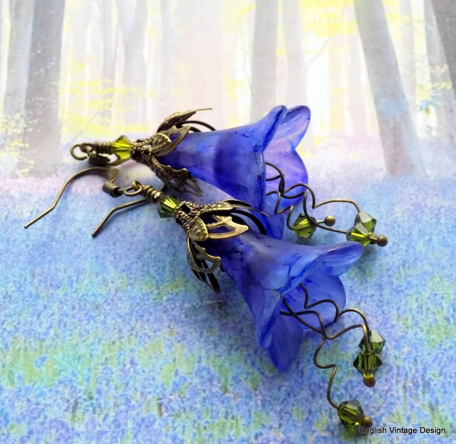 Blue "Bluebell Wood" Hand Painted Lucite Spring Flower Earrings