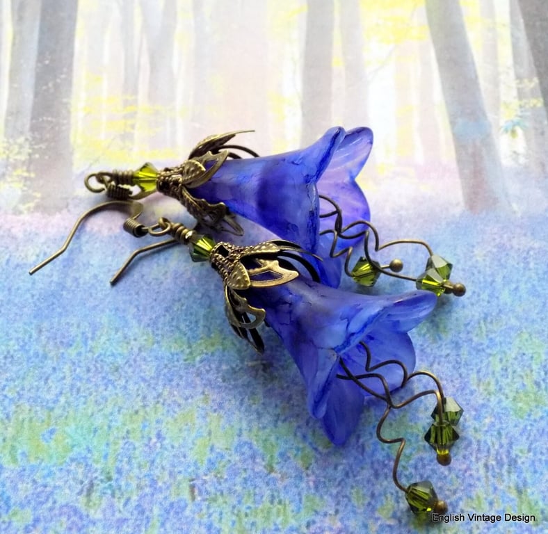 Blue "Bluebell Wood" Hand Painted Lucite Spring Flower Earrings