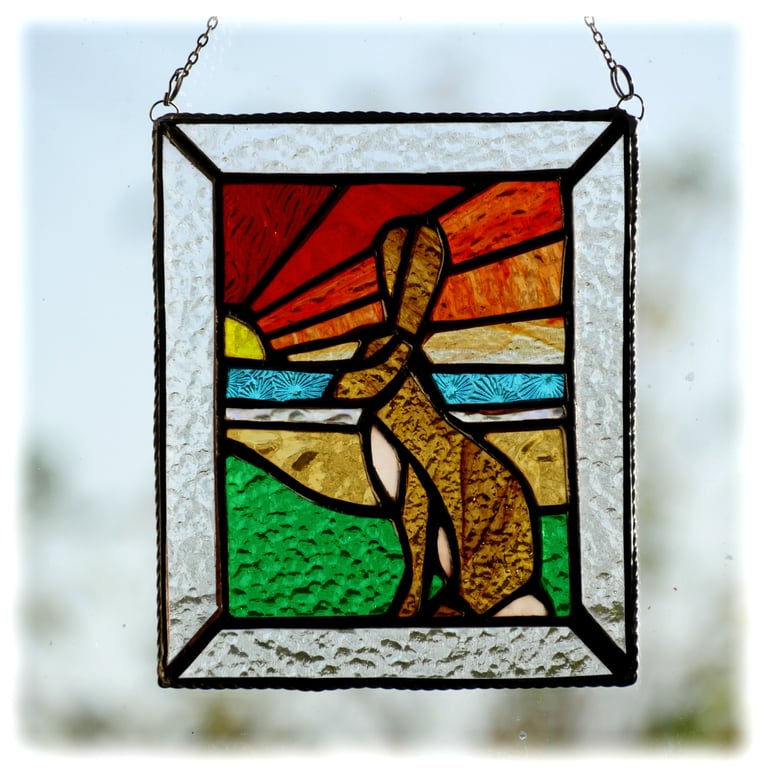 Sunset Hare Stained Glass Art Picture Suncatcher Handmade 015