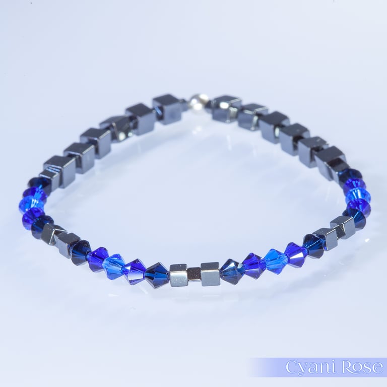 Swarovski and Hematite stretch beaded bracelet blue black