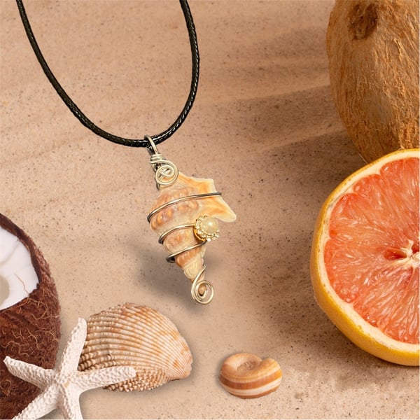 Conch Seashell & Rhinestone Pendant, Shell Necklace, Boho Pendant