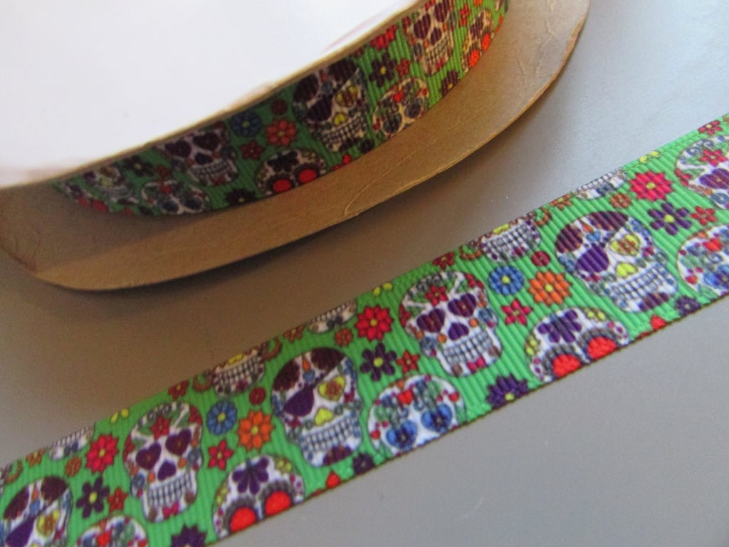 Green Gothic Sugar Skull Grosgrain Ribbon 2.2cm x 1 Metre