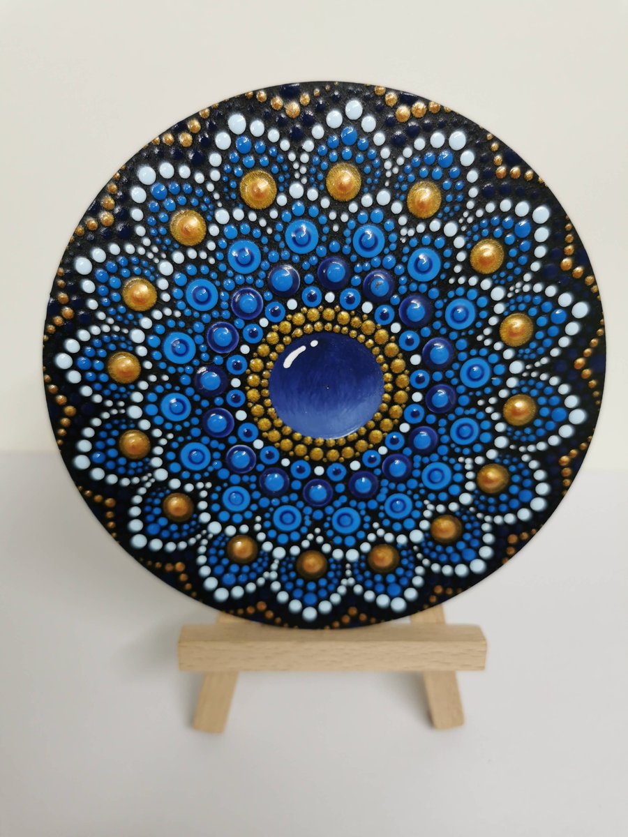 Hand painted blue and gold sphere mandala coaster