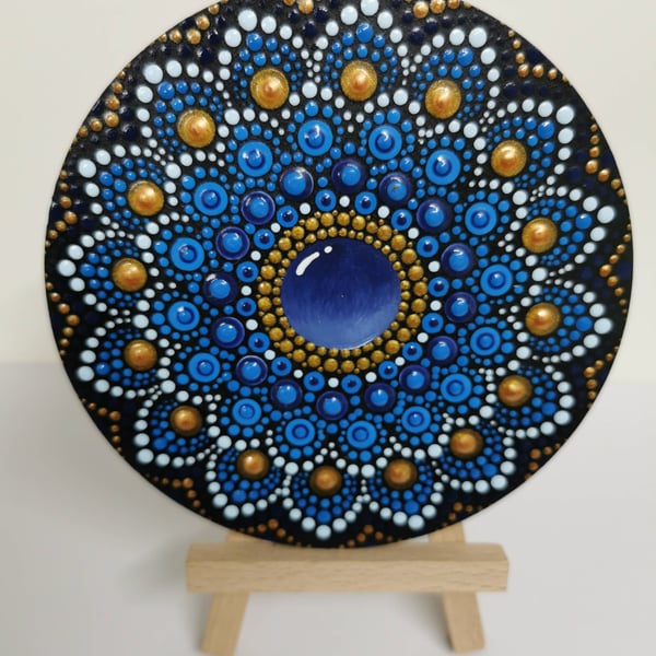 Hand painted blue and gold sphere mandala coaster