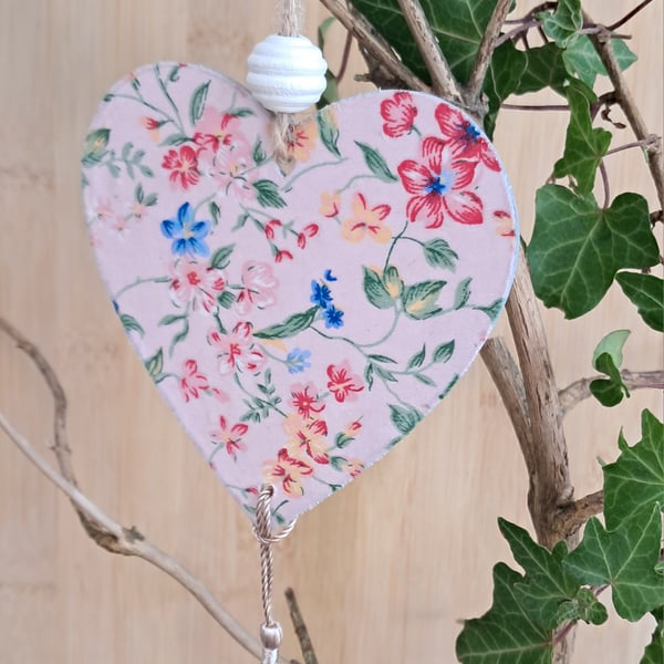 Wooden Hanging Heart with Fabric Decoupage