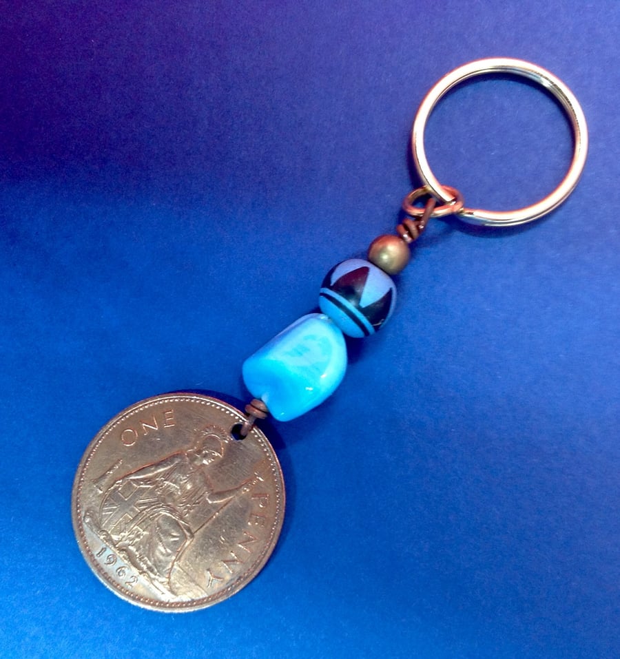 Keyring with 1962 old penny and turquoise beads