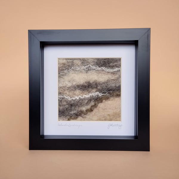 "Icelandic Landscape". Original wool felt abstract picture. Framed wall art.