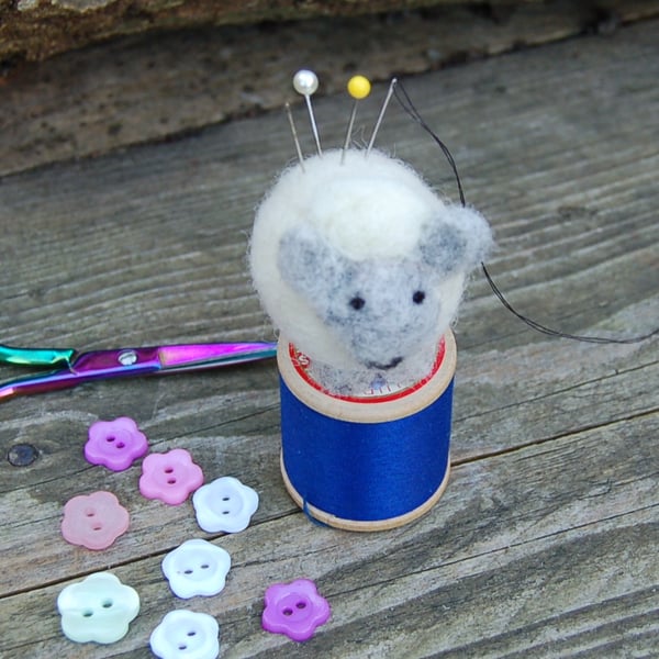 sheep pincushion -  needle felt sheep on vintage cotton reel 