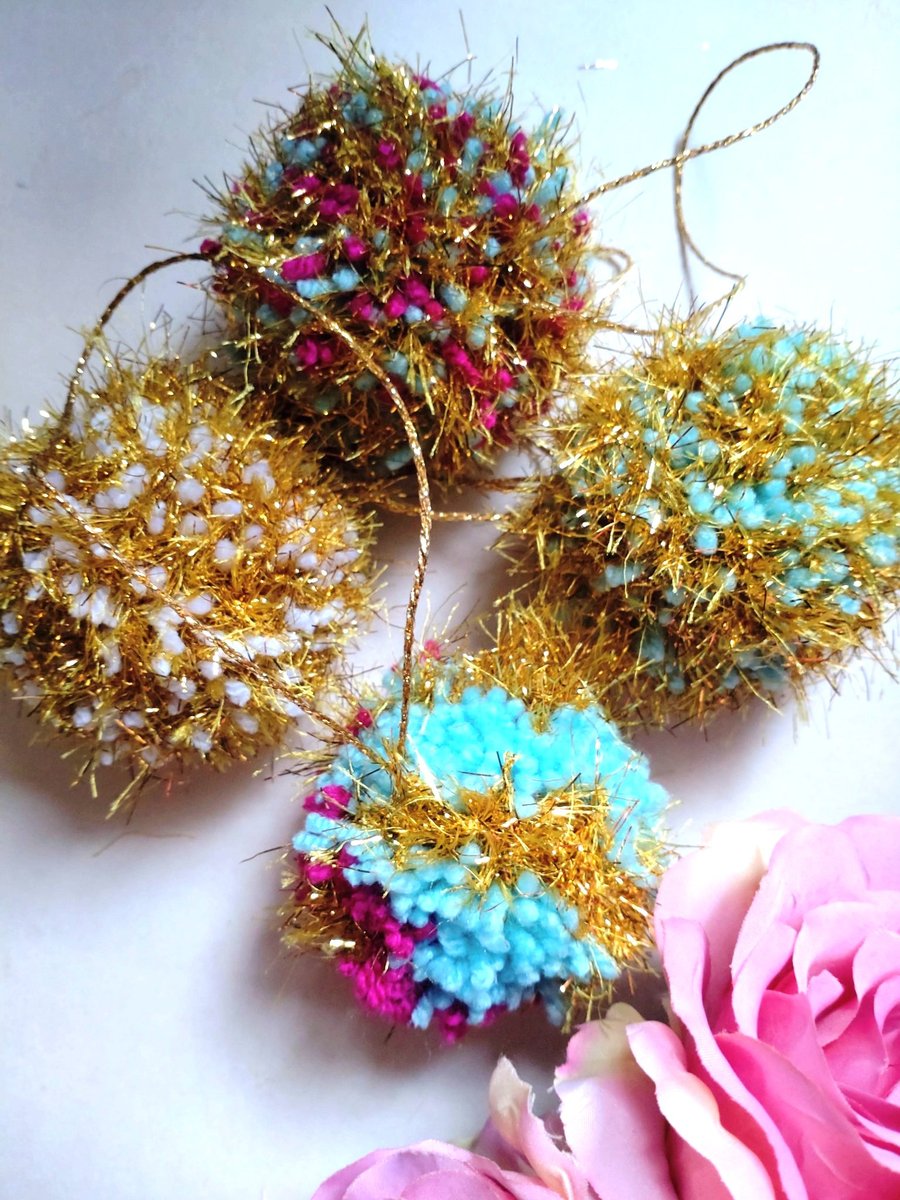 Wool Pompom Baubles, Vintage Mixed Colours, Christmas Decor, Eclectic Interiors