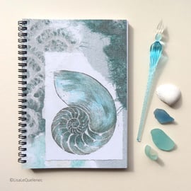 Spiral A5 (6x8) notebook repro of a chambered nautilus shell collage cover