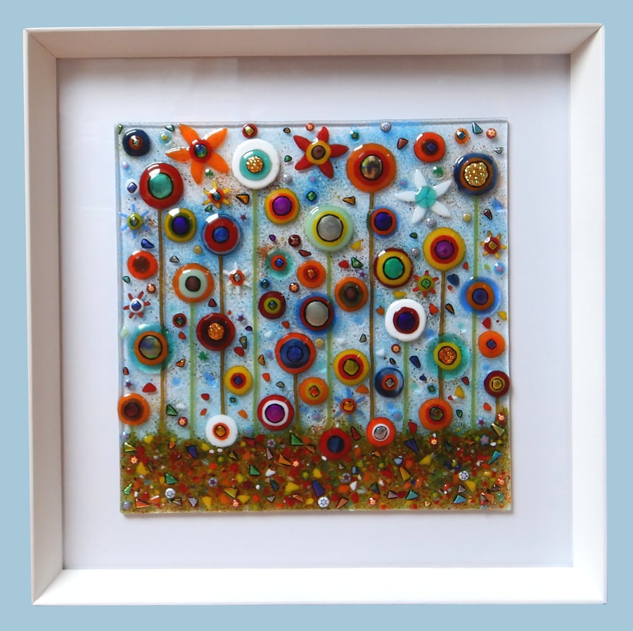 Handmade Fused Glass 'IN THE GARDEN' framed picture.