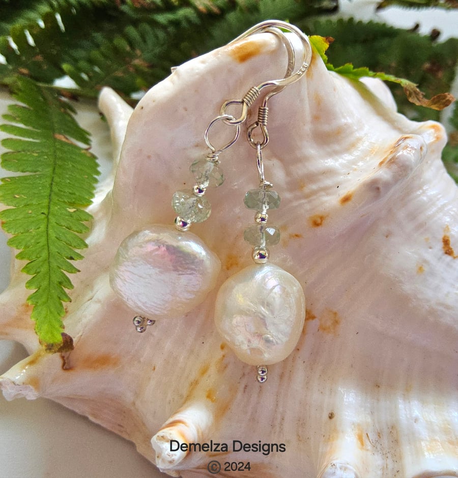 Aquamarine & Large Baroque Freshwater Pearl Hand Made Sterling Silver Earrings