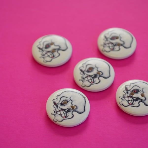 20mm Wooden Skull Buttons 5pk Goth Button (SK1)