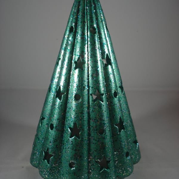 Green Glittery Ceramic Star Light Christmas Tree Table Lamp Ornament Decoration.