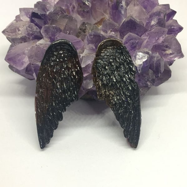 Black and dark red angel wing statement earrings on sterling silver.