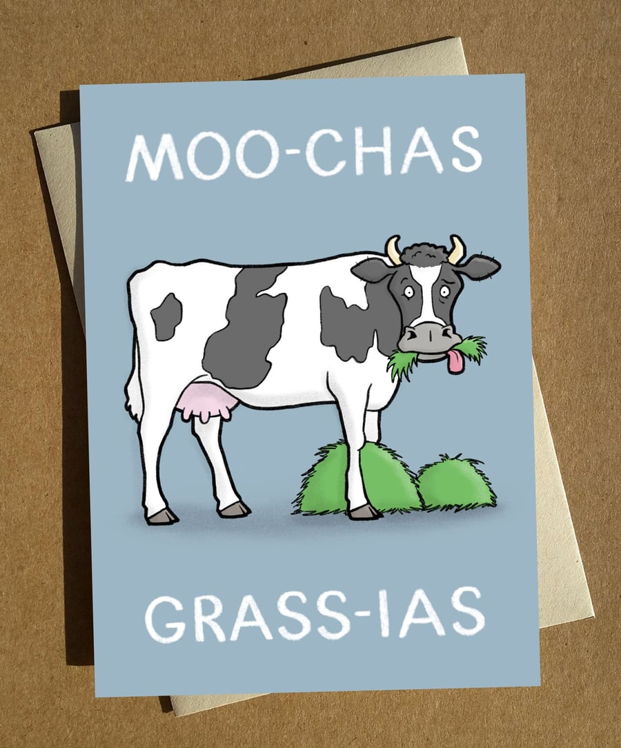 Moo-chas Grass-ias Thank You Card A6 - Funny Cow Pun Greeting Card