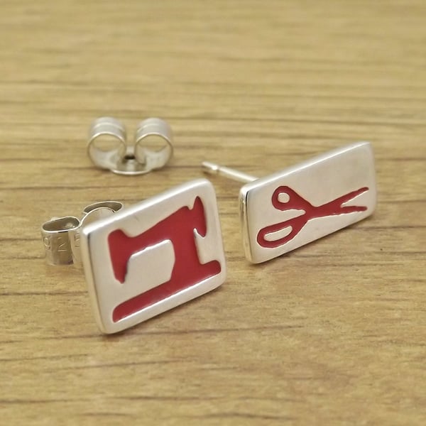 Sewing themed stud earrings, handmade from sterling silver