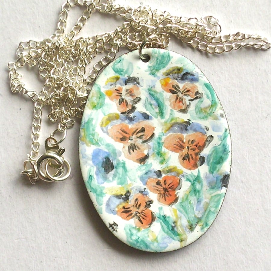 Painted enamel pendant (large) - Pansies