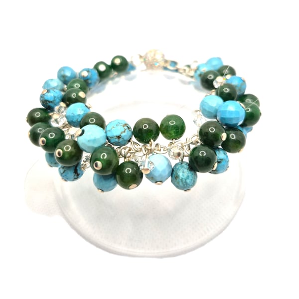 Green jasper, Turquoise and Swarovski crystal bubble bracelet