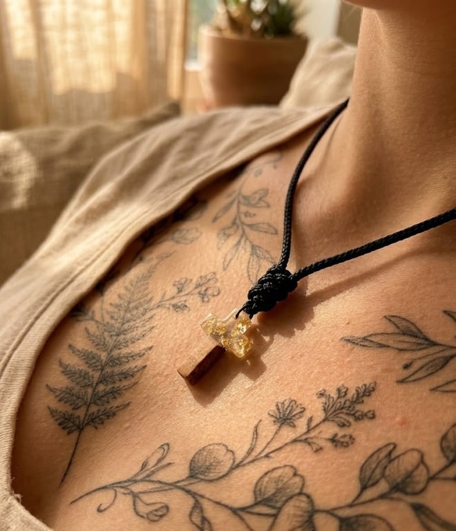 Minimalist Gold-Flake & Wood Effect Cross Necklace - Ritual-Craft Talisman