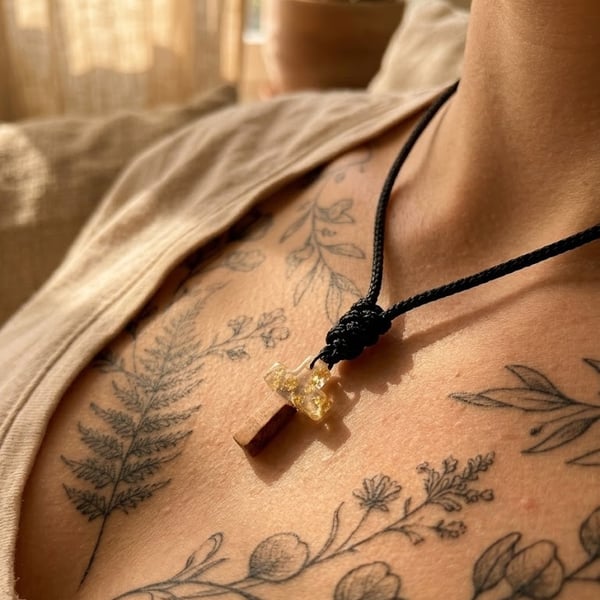 Minimalist Gold-Flake & Wood Effect Cross Necklace - Ritual-Craft Talisman