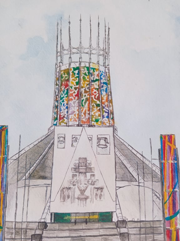 Liverpool Metropolitan Cathedral watercolour A5
