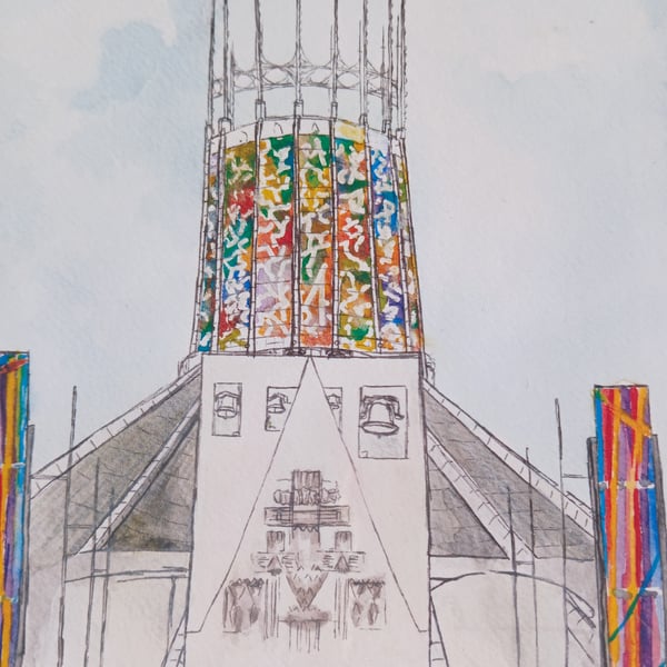 Liverpool Metropolitan Cathedral watercolour A5