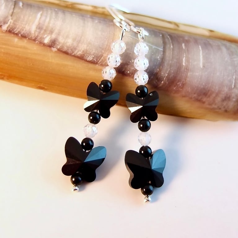 White Zircon & Crystal Butterfly Earrings - Handmade Birthday Gift, Aries, April