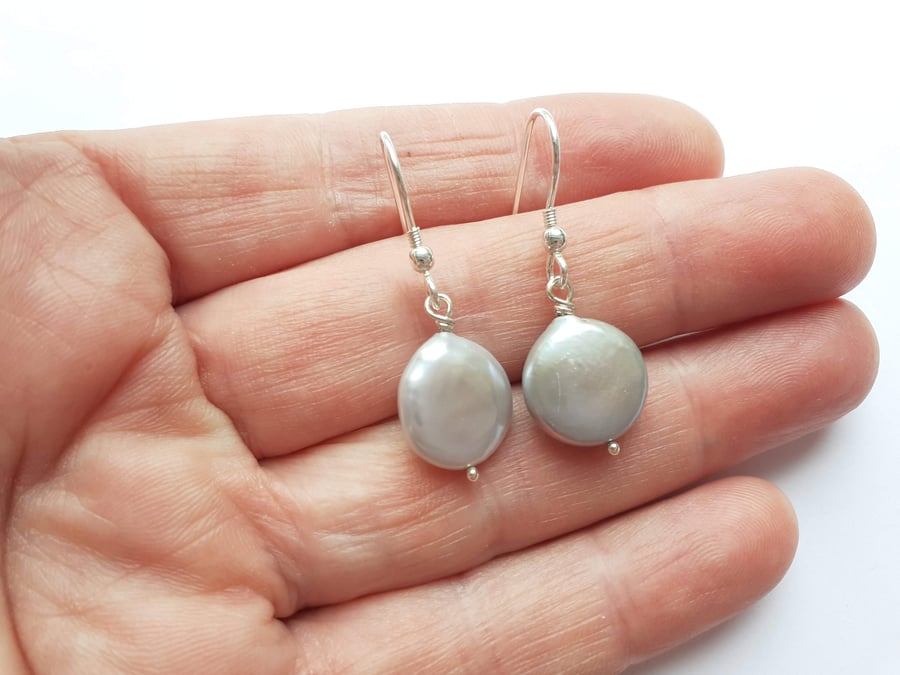 Silver Grey Coin Pearl Earrings with Sterling Silver Hooks