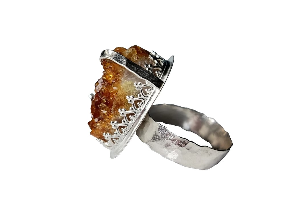 Citrine Druzy Adjustable Statement Ring Sterling Silver Chunky Crystal Jewellery