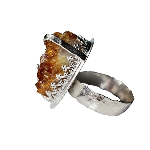 Citrine Druzy Adjustable Statement Ring Sterling Silver Chunky Crystal Jewellery