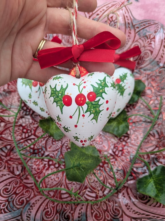 Holly berry hand-painted ceramic heart bauble