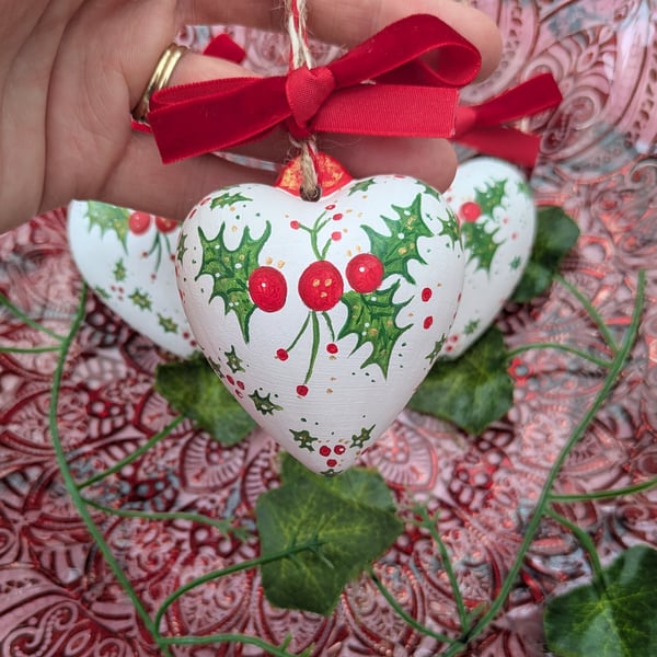 Holly berry hand-painted ceramic heart bauble