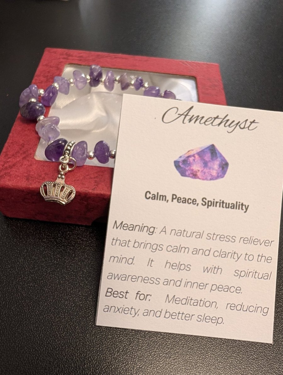 Image of Amethyst Natural Gemstone Bracelet with charm and meaning card 