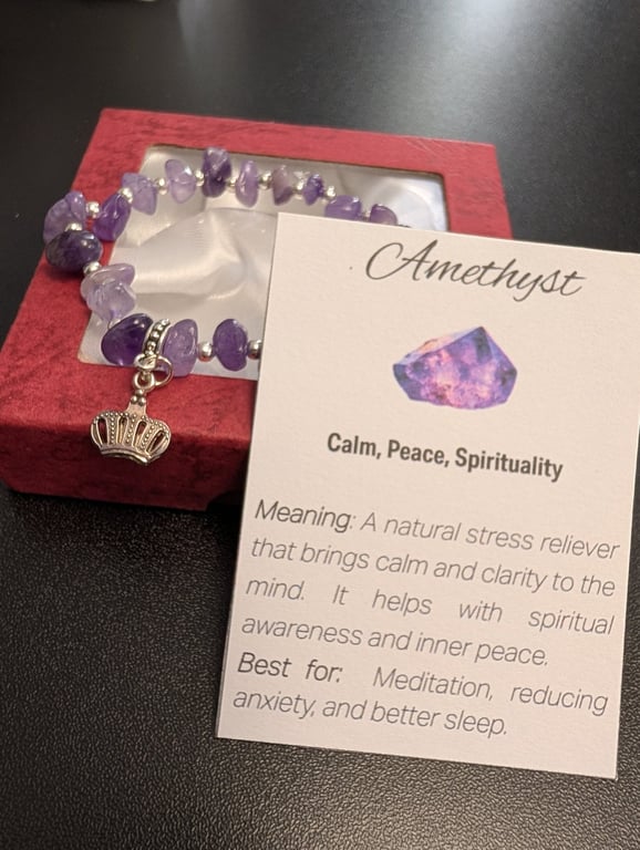 Amethyst Natural Gemstone Bracelet with charm and meaning card 