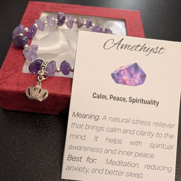Amethyst Natural Gemstone Bracelet with charm and meaning card 