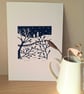 An original handprinted linoprint of a dark blue winter scene.  - Image 2