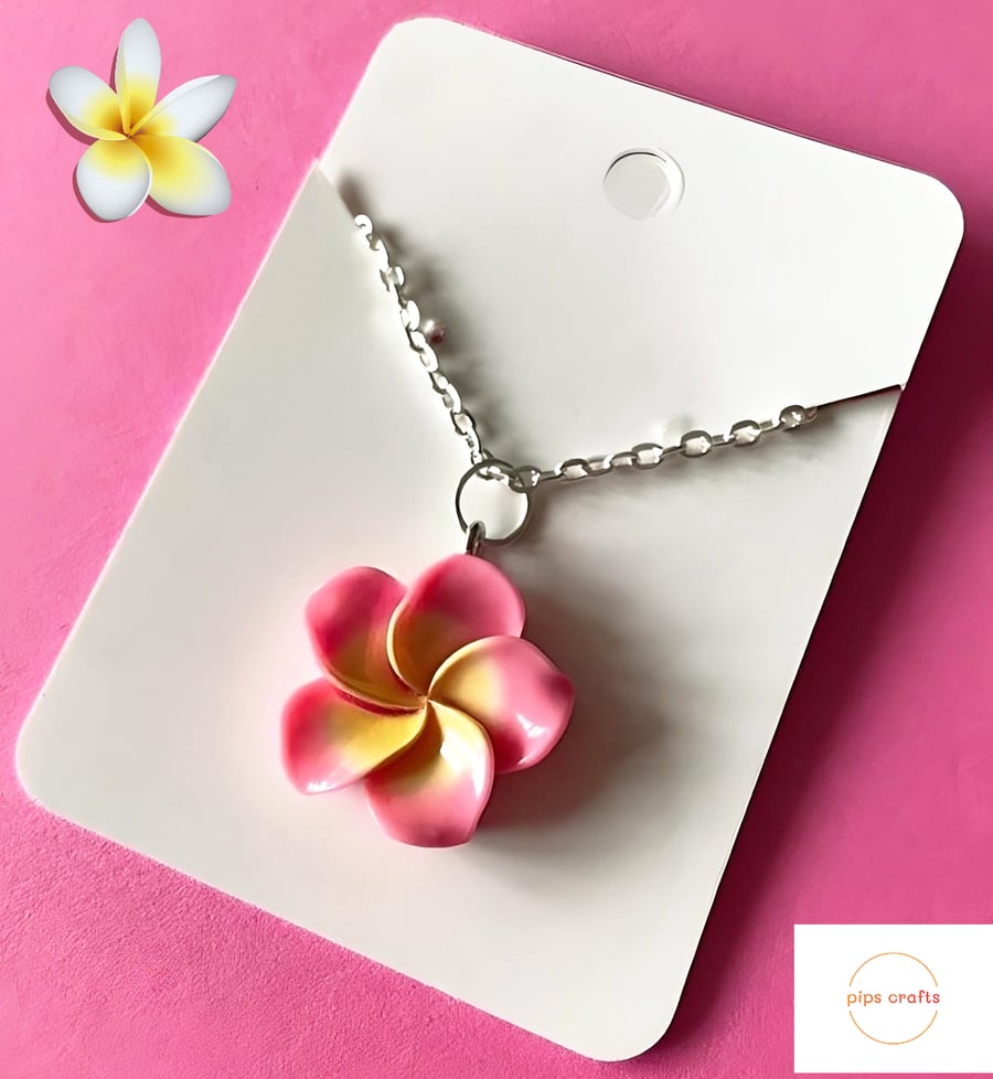 Cerise Pink Frangipani Flower Pendant Necklace 18 Inch Chain - Flower Jewellery