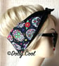 Sugar Skull Hair Tie Day of The Dead Flowers in Black , Rockabilly Head Scarf by